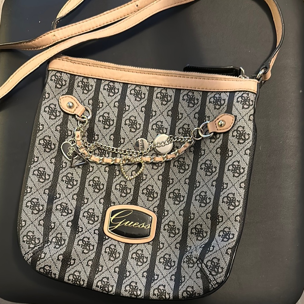 Guess Black and Tan Crossbody Bag with Gold Accents